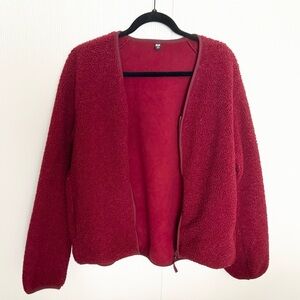 Uniqlo women's red maroon jacket size medium zip up teddy bear jacket